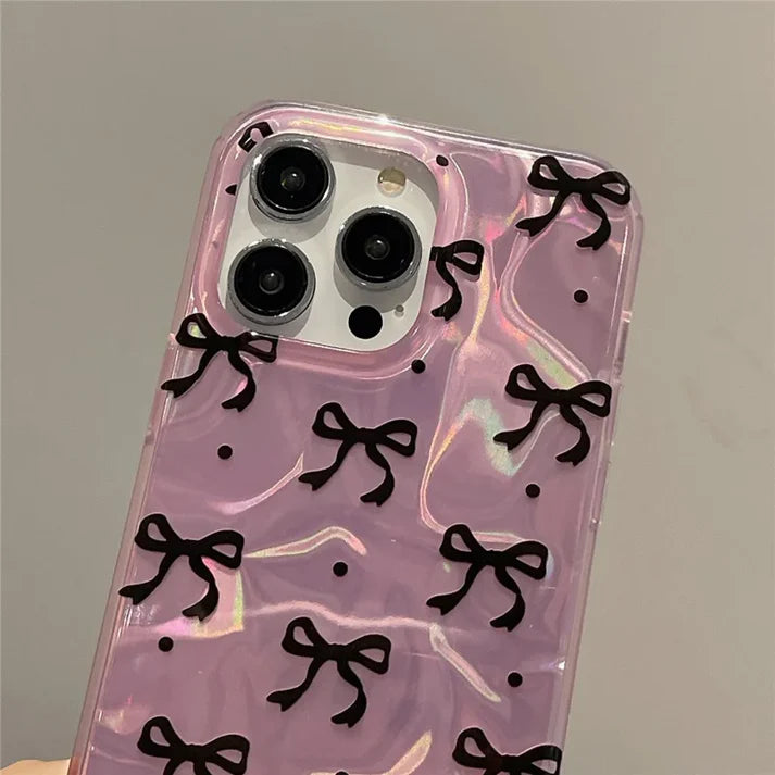 Pink IMD Black Ribbon Bow Tie Case With Chain