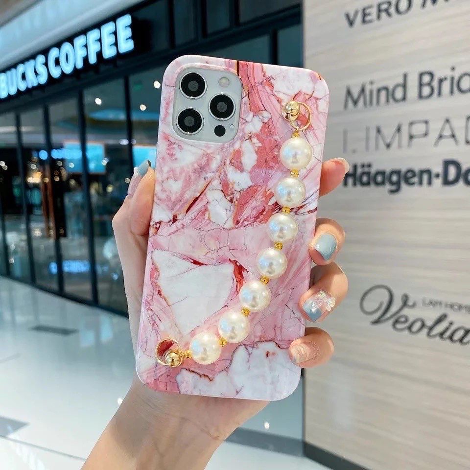 Pink White Marble Case With White Pearl Chain