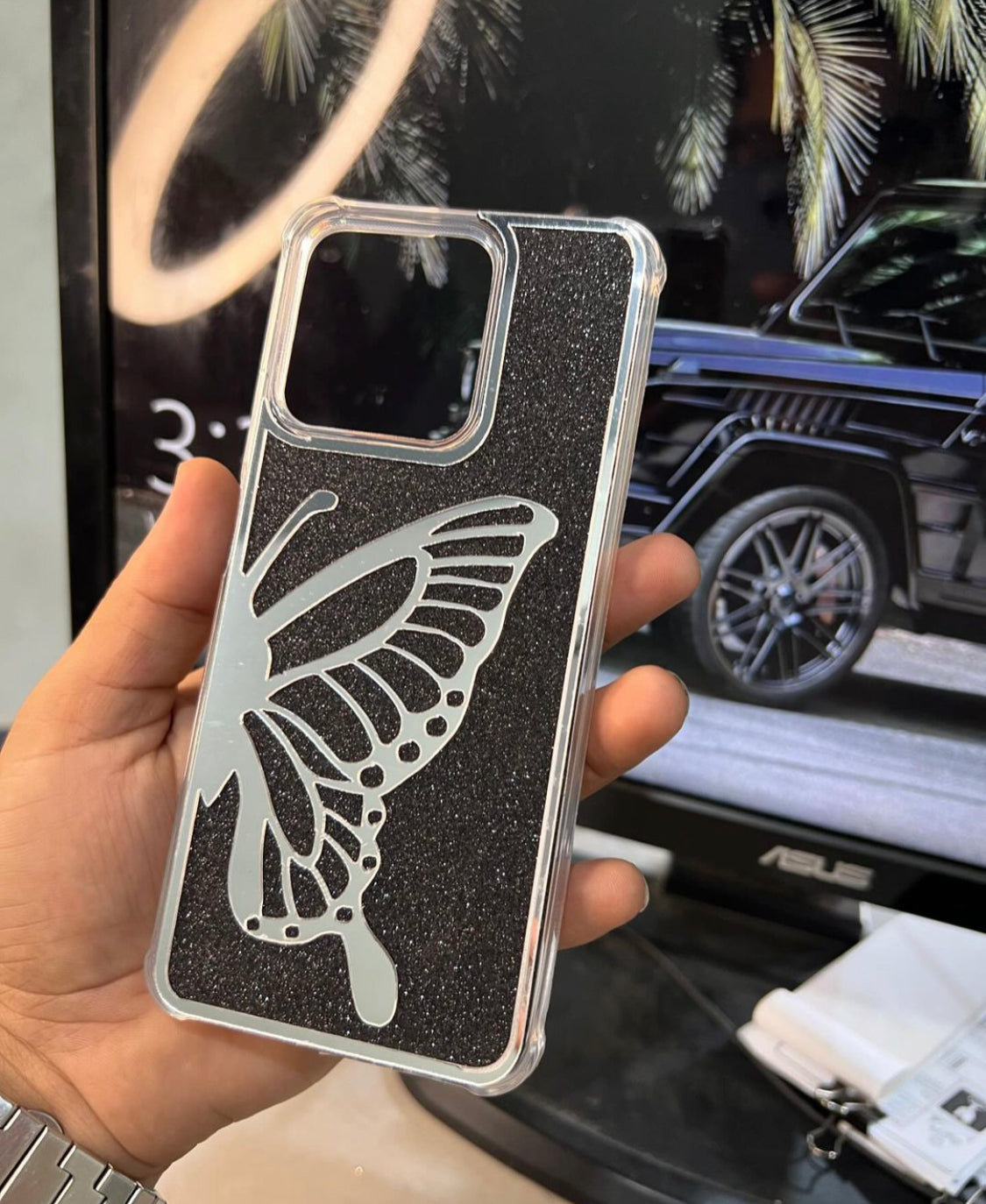Black Butterfly Glitter Mirror Case