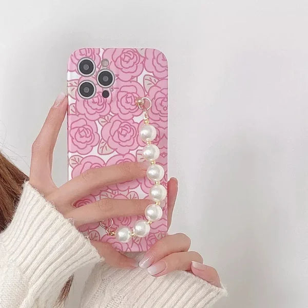 Pink and Green Flowers Cases With Pearl Chain