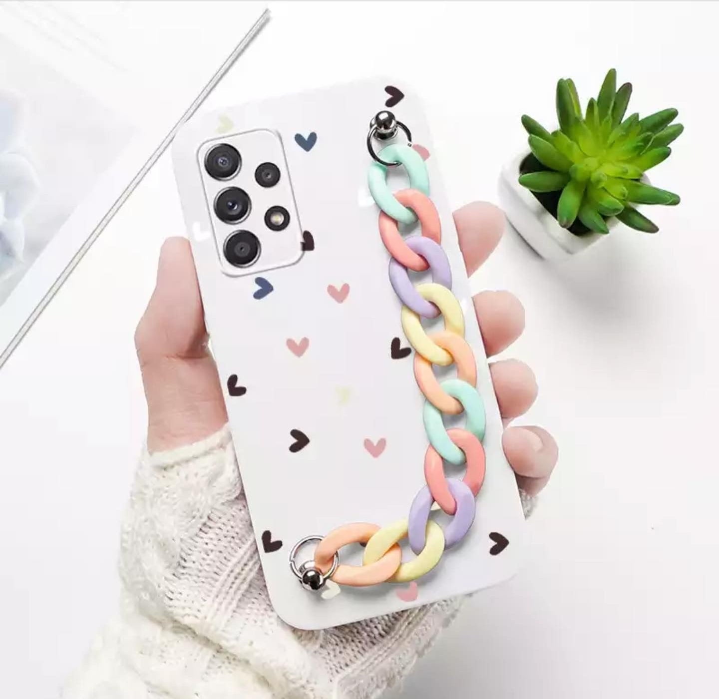 Multicolor Hearts White Case With Multicolor Chain