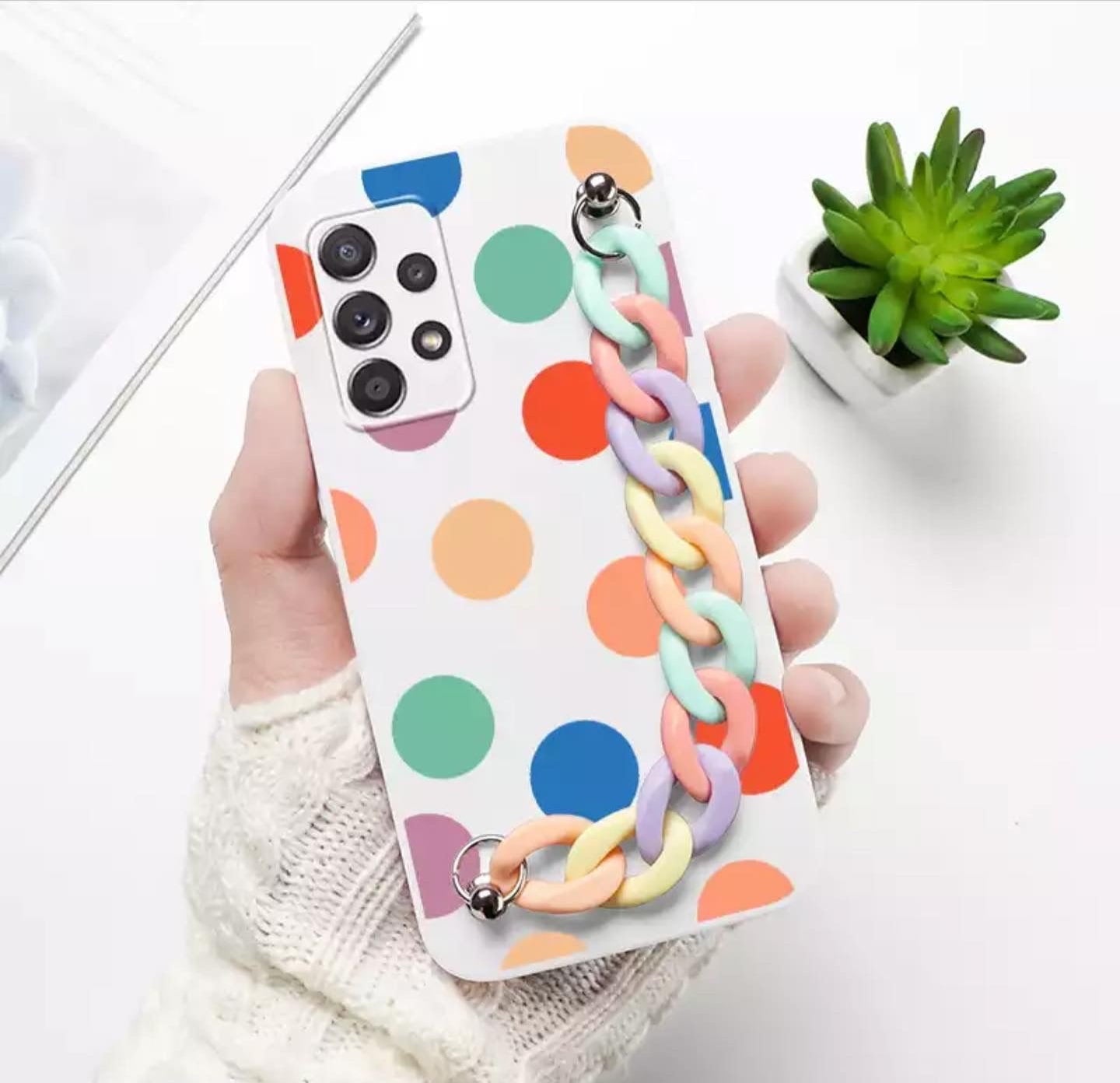 Multicolor Circles White Case With Multicolor Chain