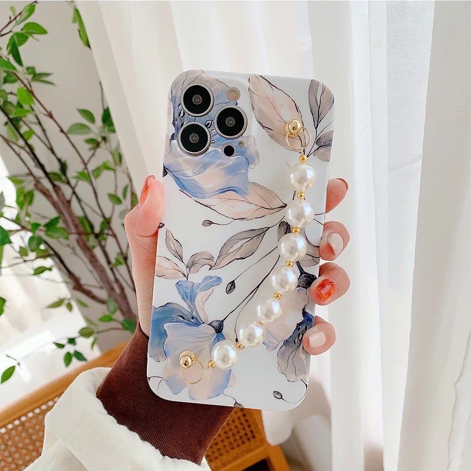 White Blue Floral Case With White Pearl Chain