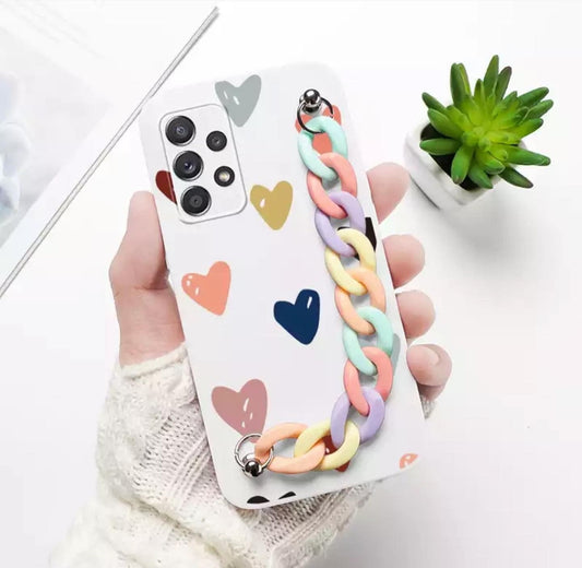 Multicolor Hearts White Case With Multicolor Chain
