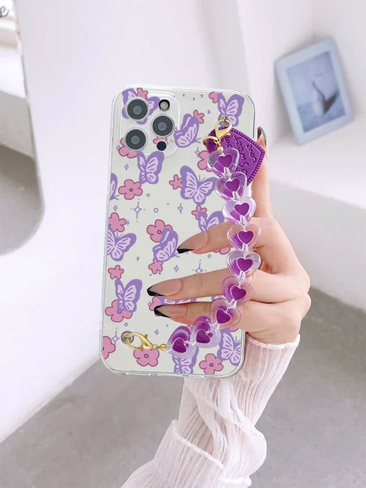 Purple Butterfly Pattern Case With Purple Heart Chain