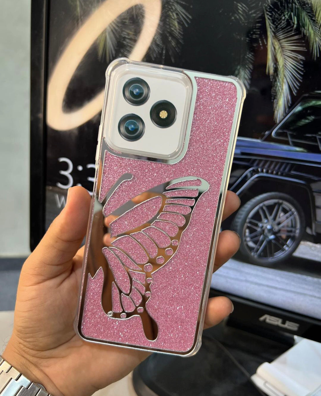 Pink Butterfly Glitter Mirror Case