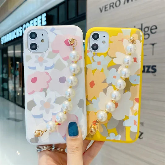 Yellow & White Flowers Pattern Case With Pearl Chain