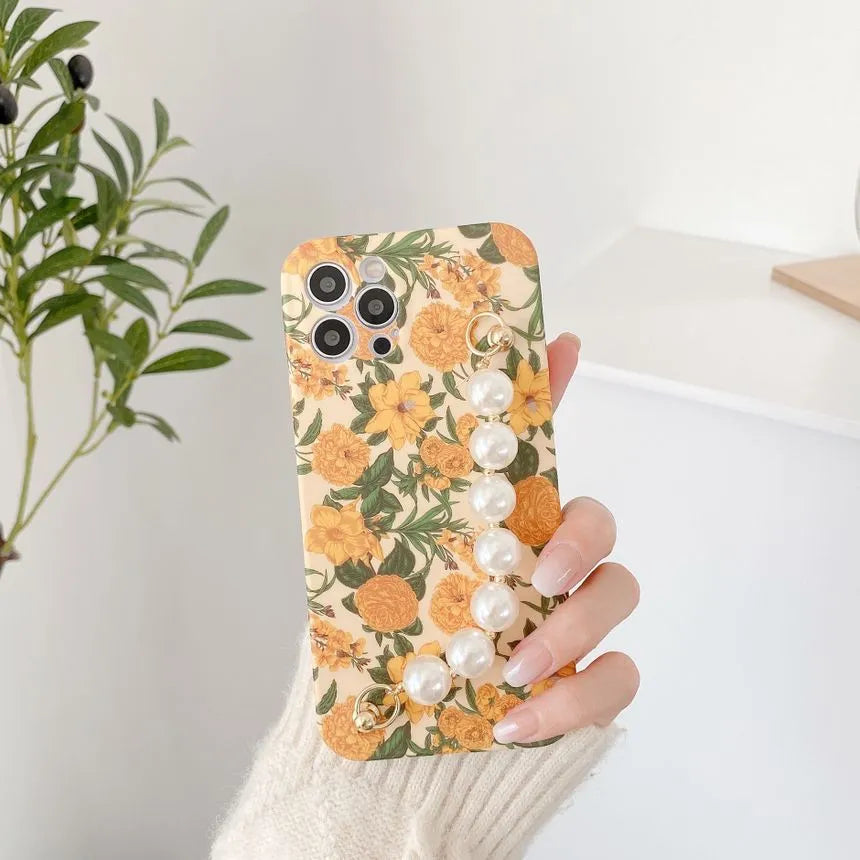 Floral Print Phone Case With Hand Chain