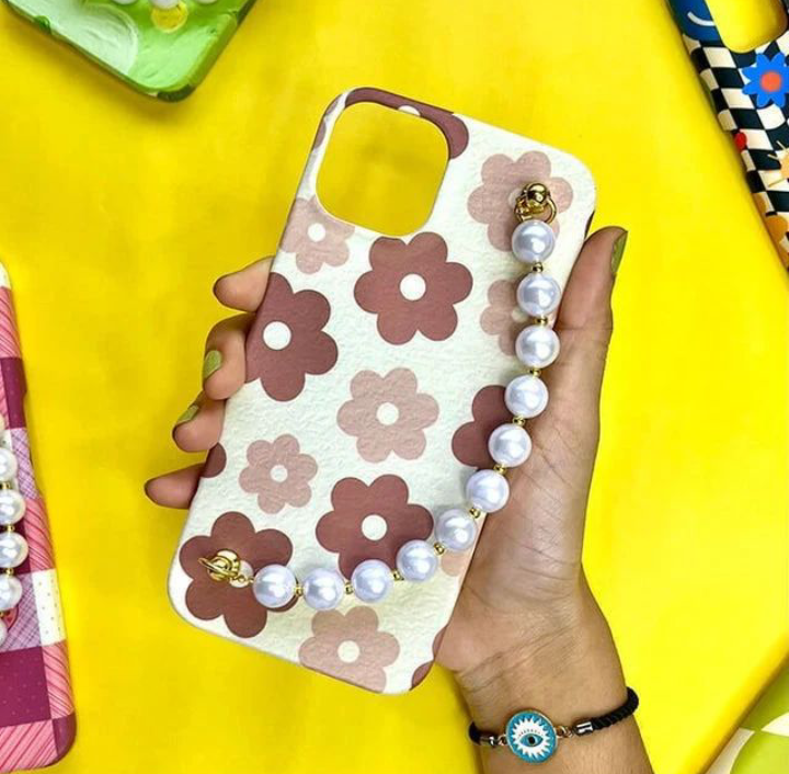 Brown Flowers With Pearl Chain Case
