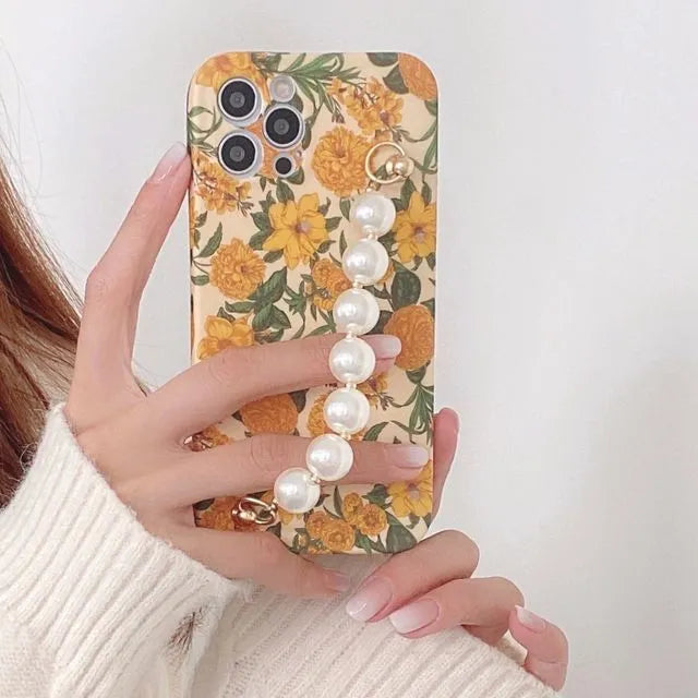 Floral Print Phone Case With Hand Chain