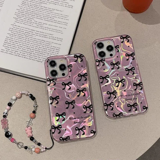 Pink IMD Black Ribbon Bow Tie Case With Chain