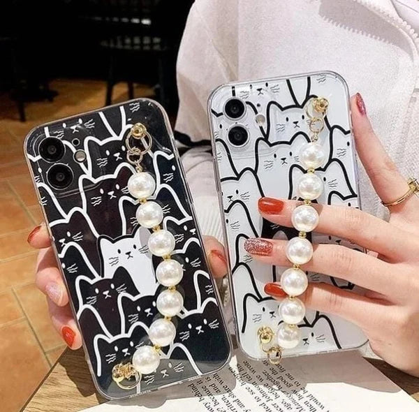 Transparent Cats Pattern Case With Pearl Chain