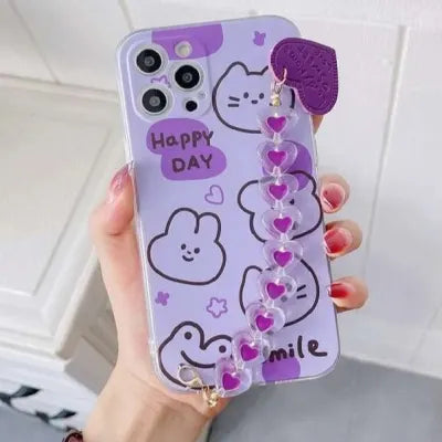 Phone Case With Wrist Strap Chain - Cute Cartoon - Purple Heart