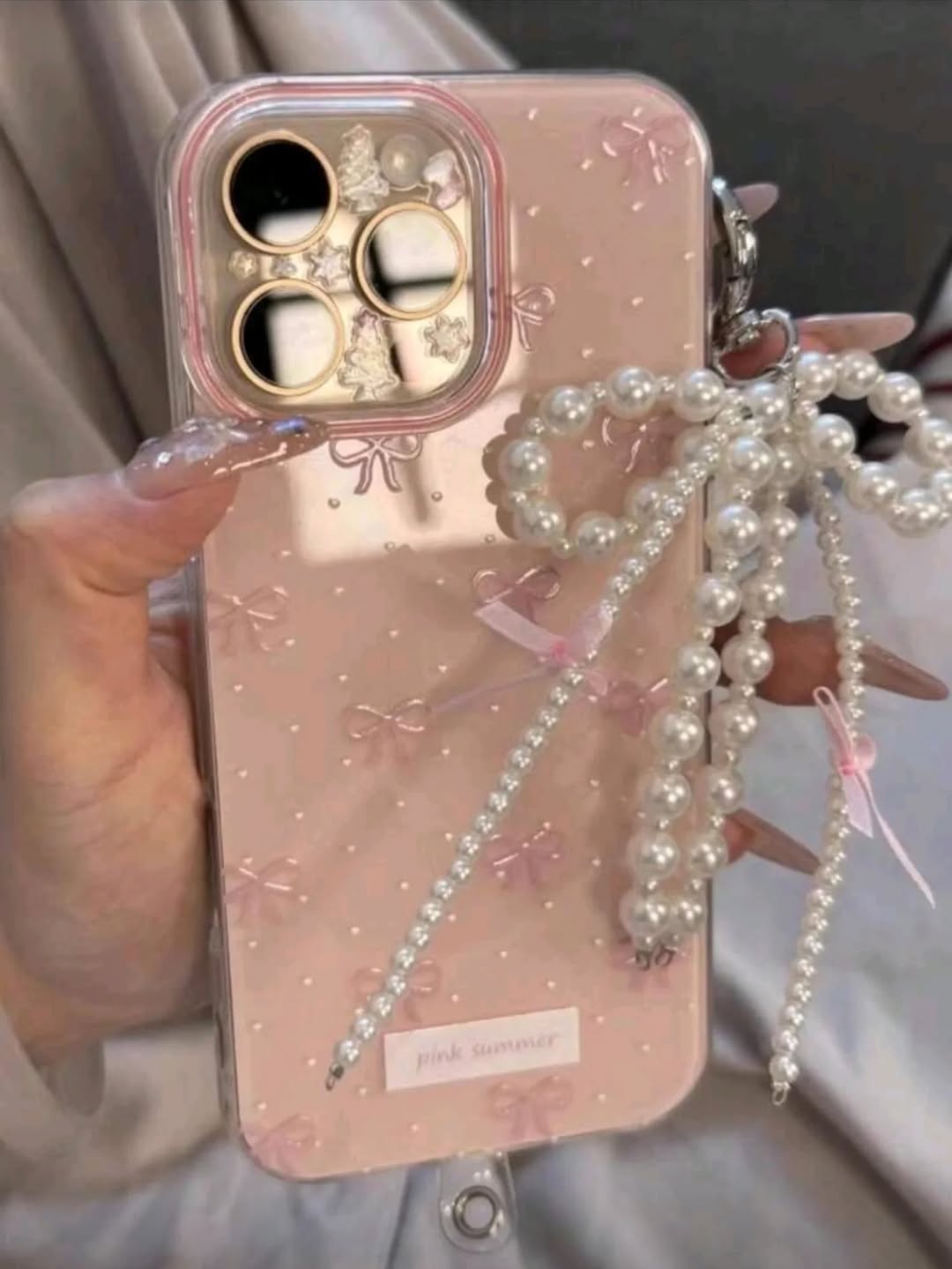 Luxury Pearl Bow iPhone Case – Pink Summer Aesthetic