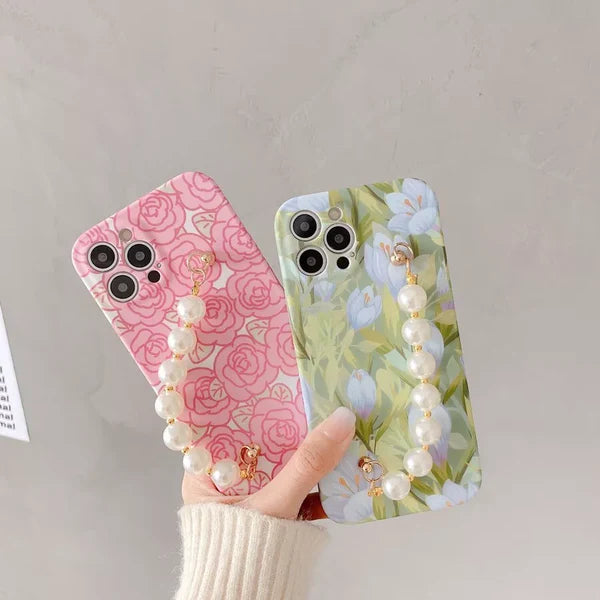Pink and Green Flowers Cases With Pearl Chain