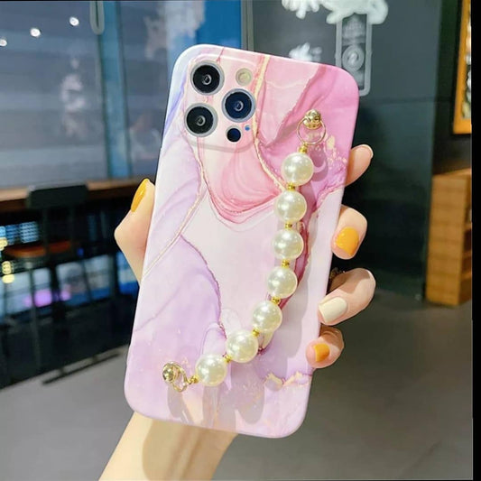 Pink Marble Case With White Pearl Chain